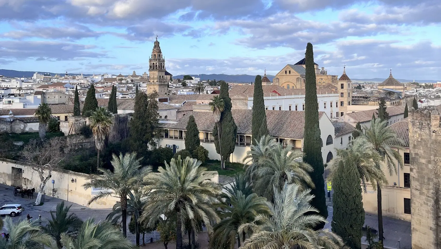Cordoba Alcazar burcundan palmiye ağaçları ve Kurtuba Camii manzarası